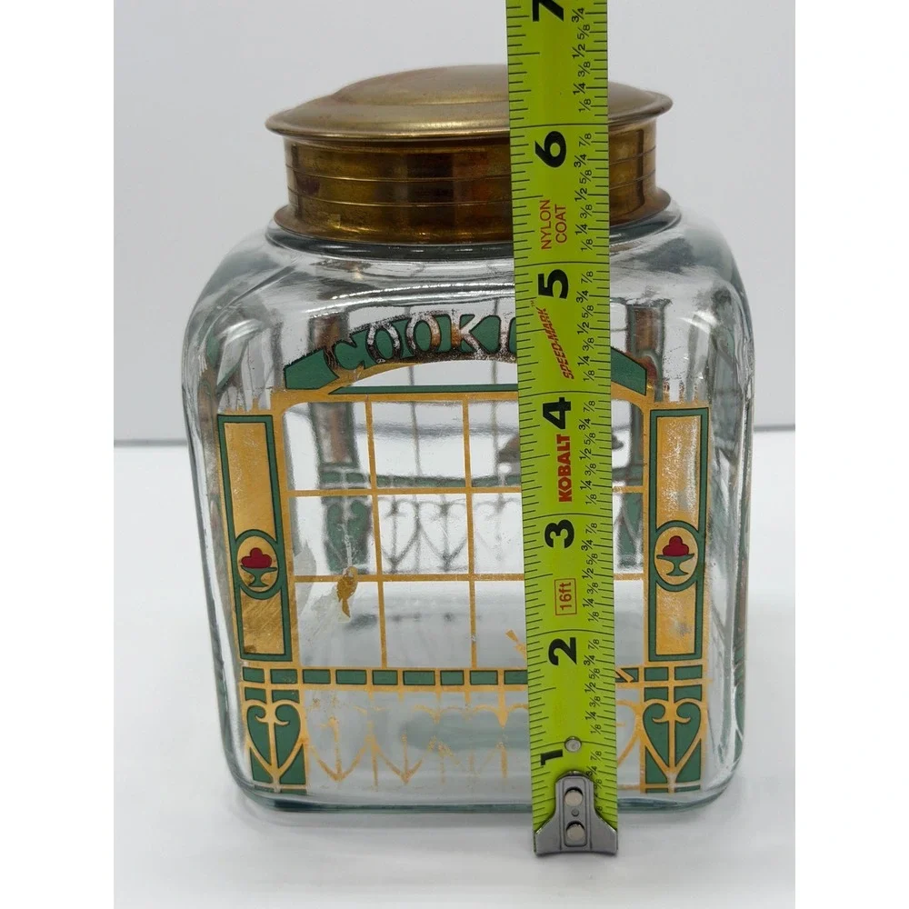 Vintage Art Deco Glass Cookie Jar Brass Lid Multi-Language Cookies Kuchen Green